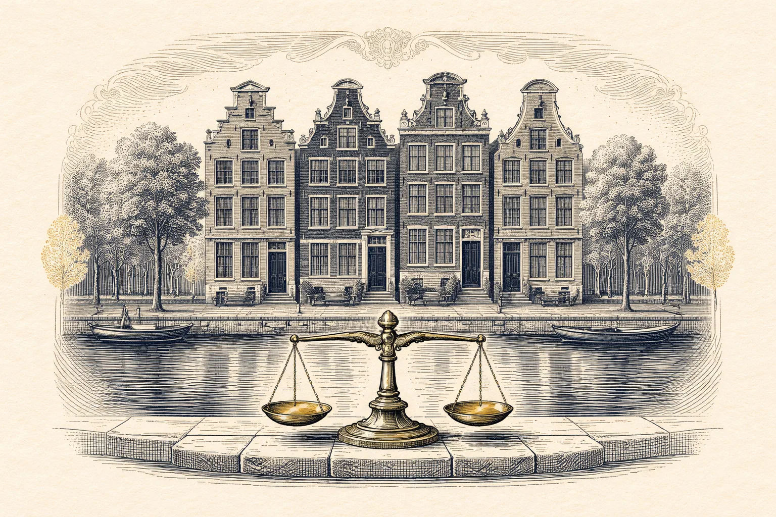 Engraved illustration of a canal-side office building with a set of scales